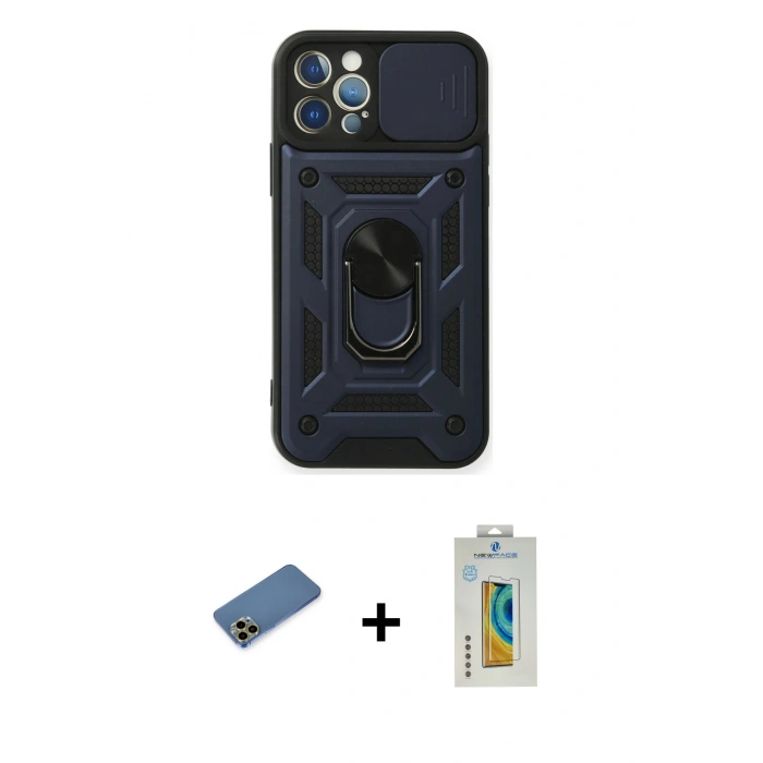 MARSİLYAN™- iPhone 12 Pro Kılıf Ahenk Klasik - Siyah Polymer Nano Ekran Koruyucu + Shine Kamera Lens Koruma Cam - GD