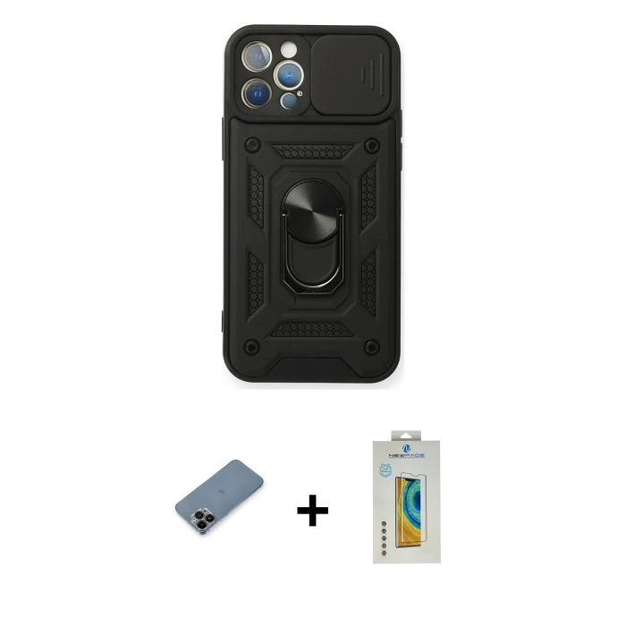 MARSİLYAN™- iPhone 12 Pro Kılıf Ahenk Klasik - Siyah Polymer Nano Ekran Koruyucu + Shine Kamera Lens Koruma Cam - SH
