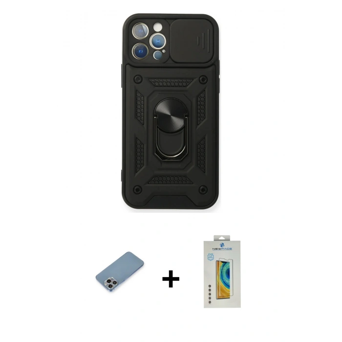 MARSİLYAN™- iPhone 12 Pro Kılıf Ahenk Klasik - Siyah Polymer Nano Ekran Koruyucu + Shine Kamera Lens Koruma Cam - GI