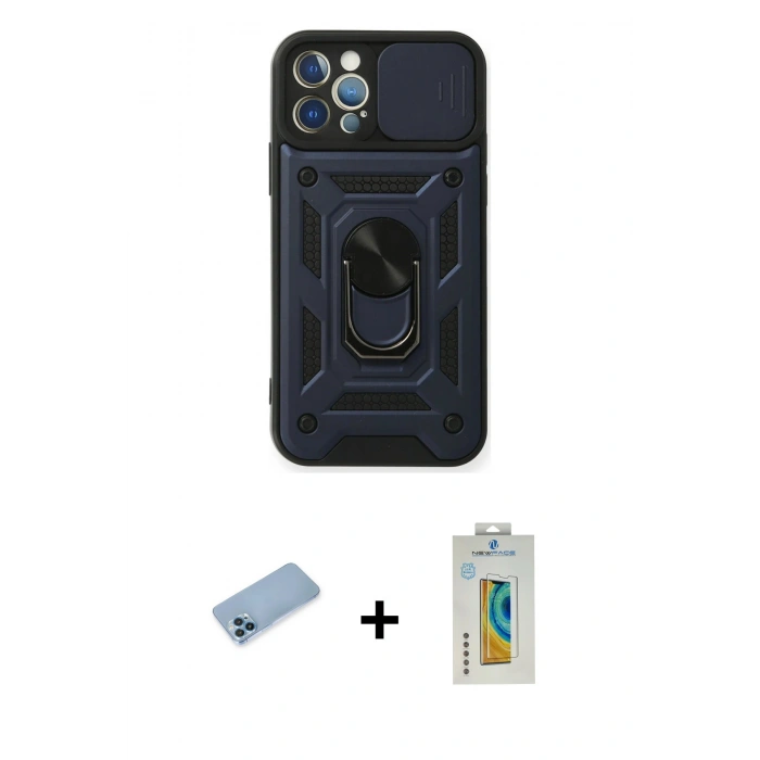 MARSİLYAN™- iPhone 12 Pro Kılıf Ahenk Klasik - Siyah Polymer Nano Ekran Koruyucu + Shine Kamera Lens Koruma Cam - MI