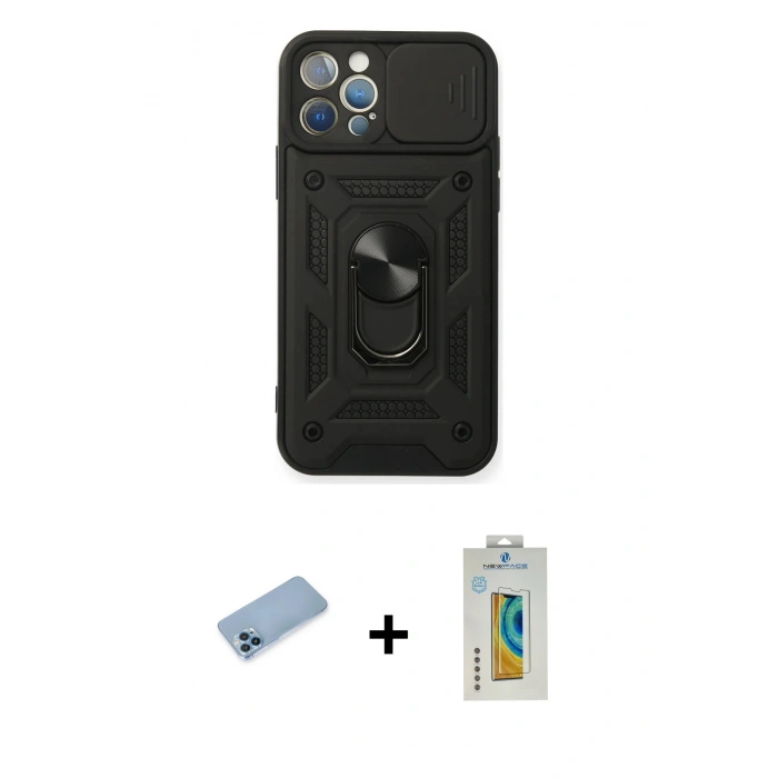 MARSİLYAN™- iPhone 12 Pro Kılıf Ahenk Klasik - Siyah Polymer Nano Ekran Koruyucu + Shine Kamera Lens Koruma Cam - MI