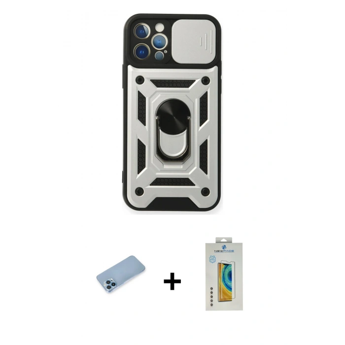MARSİLYAN™- iPhone 12 Pro Kılıf Ahenk Klasik - Siyah Polymer Nano Ekran Koruyucu + Shine Kamera Lens Koruma Cam - MI
