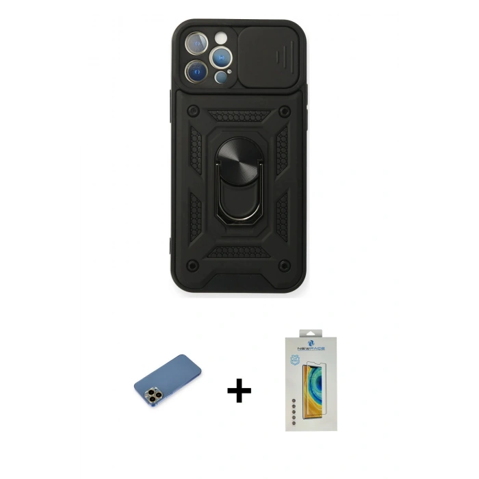 MARSİLYAN™- iPhone 12 Pro Kılıf Ahenk Klasik - Siyah Polymer Nano Ekran Koruyucu + Shine Kamera Lens Koruma Cam - GD