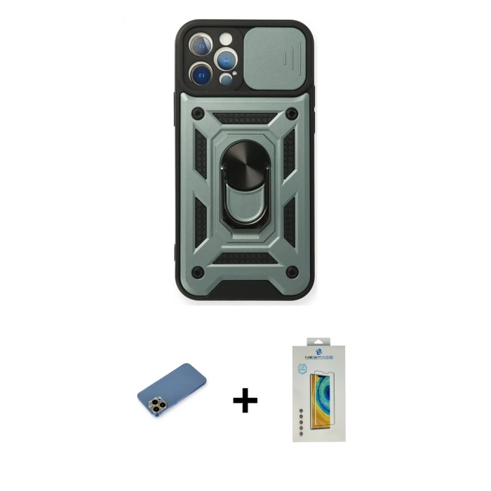 MARSİLYAN™- iPhone 12 Pro Kılıf Ahenk Klasik - Siyah Polymer Nano Ekran Koruyucu + Shine Kamera Lens Koruma Cam - GD