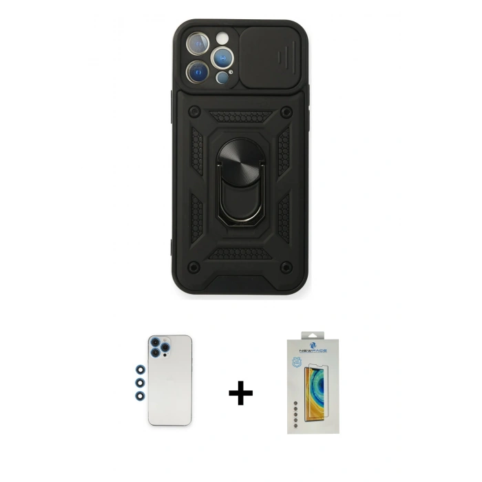 MARSİLYAN™- iPhone 12 Pro Kılıf Ahenk Klasik - Siyah Polymer Nano Ekran Koruyucu + Shine Kamera Lens - MI