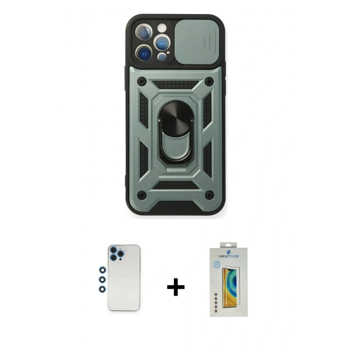 MARSİLYAN™- iPhone 12 Pro Kılıf Ahenk Klasik - Siyah Polymer Nano Ekran Koruyucu + Shine Kamera Lens - MI