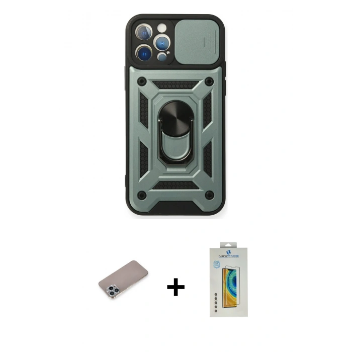 MARSİLYAN™- iPhone 12 Pro Kılıf Ahenk Klasik - Siyah Polymer Nano Ekran Koruyucu + Shine Kamera Lens Koruma Cam - SABE
