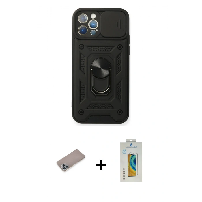 MARSİLYAN™- iPhone 12 Pro Kılıf Ahenk Klasik - Siyah Polymer Nano Ekran Koruyucu + Shine Kamera Lens Koruma Cam - SABE