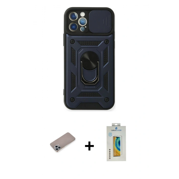 MARSİLYAN™- iPhone 12 Pro Kılıf Ahenk Klasik - Siyah Polymer Nano Ekran Koruyucu + Shine Kamera Lens Koruma Cam - SABE