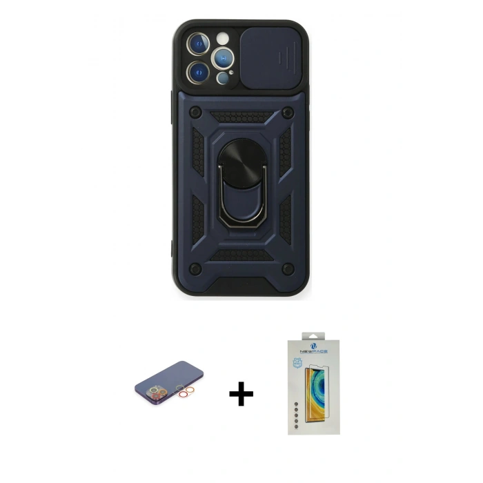 MARSİLYAN™- iPhone 12 Pro Kılıf Ahenk Klasik - Siyah Polymer Nano Ekran Koruyucu + Renkli Kamera Lens Koruma Cam - TU