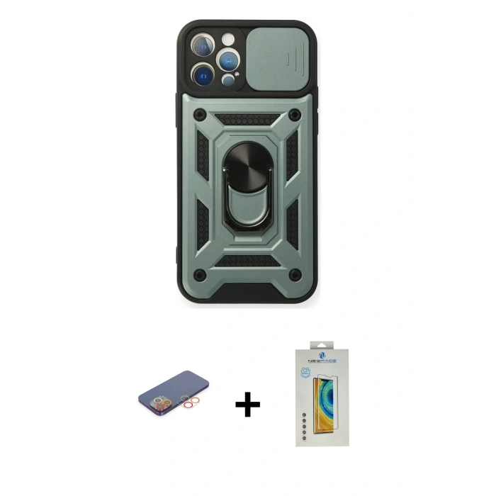 MARSİLYAN™- iPhone 12 Pro Kılıf Ahenk Klasik - Siyah Polymer Nano Ekran Koruyucu + Renkli Kamera Lens Koruma Cam - TU