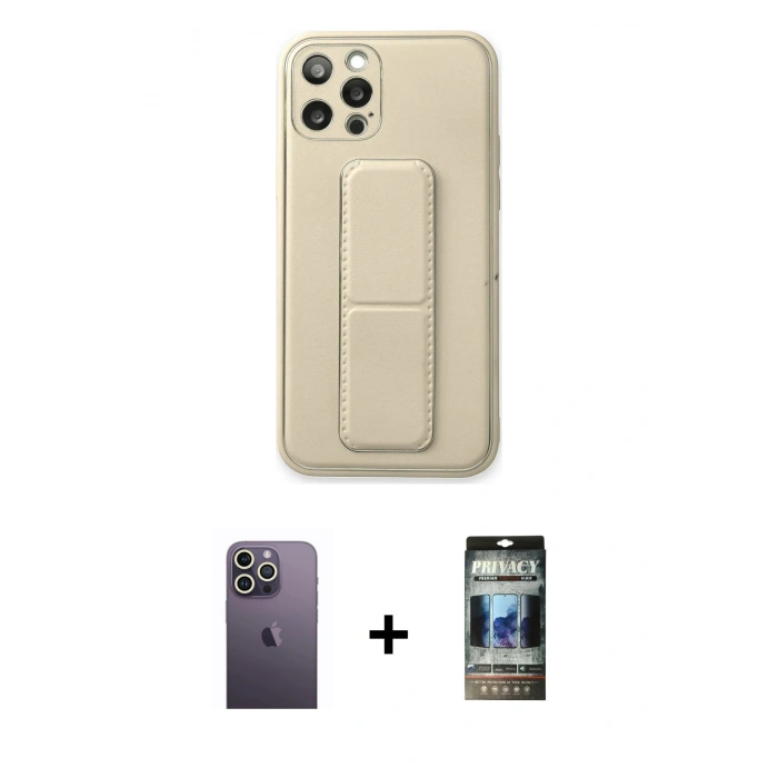 MARSİLYAN™- iPhone 12 Pro Kılıf Akış Doku - Siyah 34D Hayalet Izgaralı Cam + Neon Fosforlu Kamera Lens - BZ