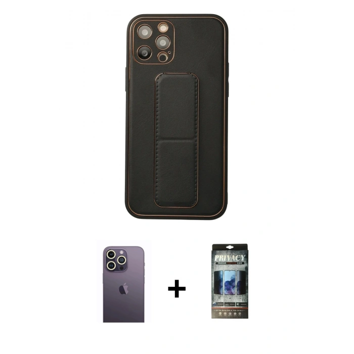 MARSİLYAN™- iPhone 12 Pro Kılıf Akış Doku - Siyah 34D Hayalet Izgaralı Cam + Neon Fosforlu Kamera Lens - BZ