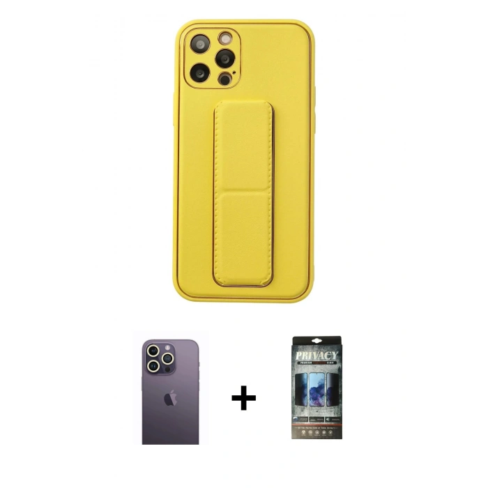 MARSİLYAN™- iPhone 12 Pro Kılıf Akış Doku - Siyah 34D Hayalet Izgaralı Cam + Neon Fosforlu Kamera Lens - BZ