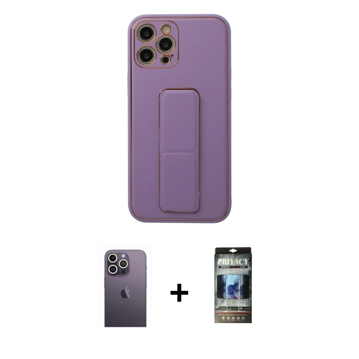 MARSİLYAN™- iPhone 12 Pro Kılıf Akış Doku - Siyah 34D Hayalet Izgaralı Cam + Neon Fosforlu Kamera Lens - BZ