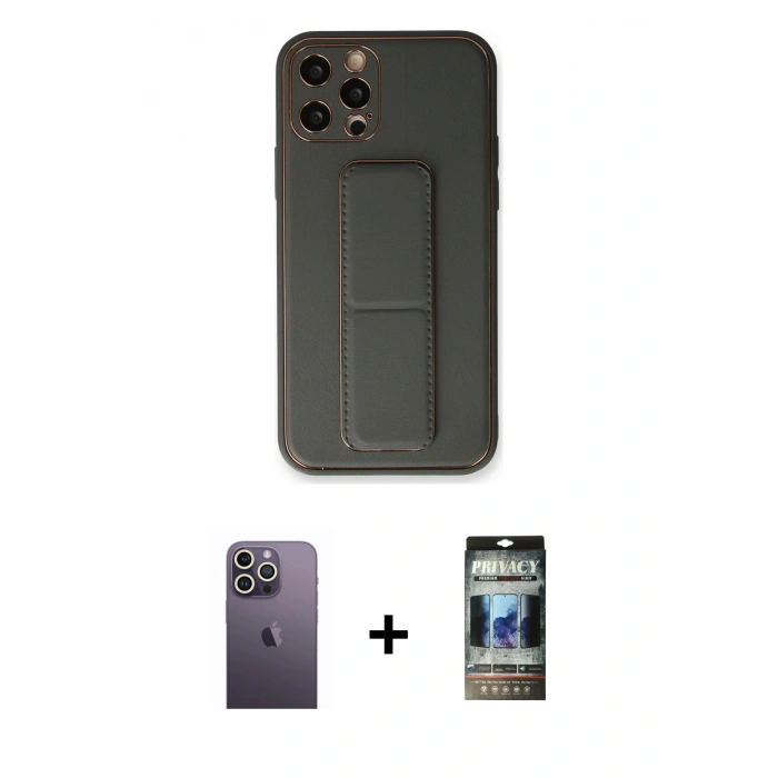 MARSİLYAN™- iPhone 12 Pro Kılıf Akış Doku - Siyah 34D Hayalet Izgaralı Cam + Neon Fosforlu Kamera Lens - BZ