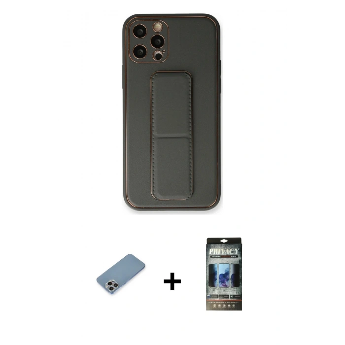 MARSİLYAN™- iPhone 12 Pro Kılıf Akış Doku - Siyah 34D Hayalet Izgaralı Cam + Shine Kamera Lens Koruma Cam - GI