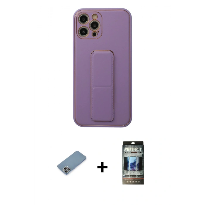MARSİLYAN™- iPhone 12 Pro Kılıf Akış Doku - Siyah 34D Hayalet Izgaralı Cam + Shine Kamera Lens Koruma Cam - GI