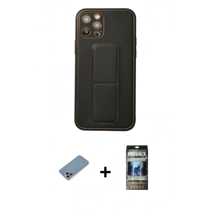 MARSİLYAN™- iPhone 12 Pro Kılıf Akış Doku - Siyah 34D Hayalet Izgaralı Cam + Shine Kamera Lens Koruma Cam - GI
