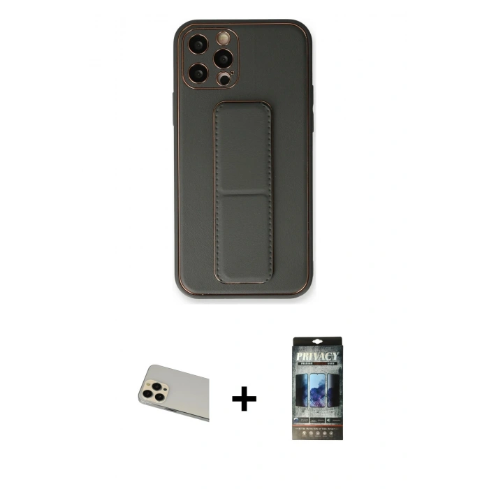 MARSİLYAN™- iPhone 12 Pro Kılıf Akış Doku - Siyah 34D Hayalet Izgaralı Cam + Rainbow Kamera Lens Koruma Cam - GD