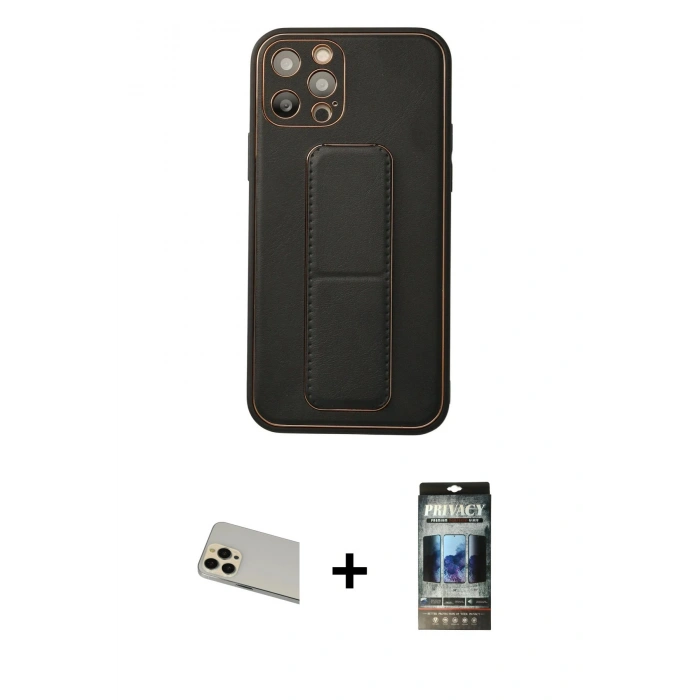 MARSİLYAN™- iPhone 12 Pro Kılıf Akış Doku - Siyah 34D Hayalet Izgaralı Cam + Rainbow Kamera Lens Koruma Cam - GD