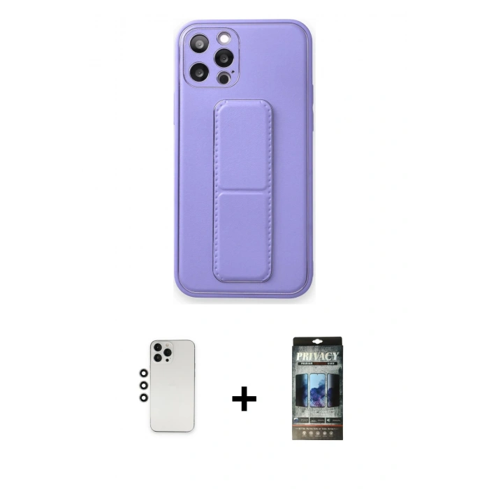 MARSİLYAN™- iPhone 12 Pro Kılıf Akış Doku - Siyah 34D Hayalet Izgaralı Cam + Shine Kamera Lens - GS