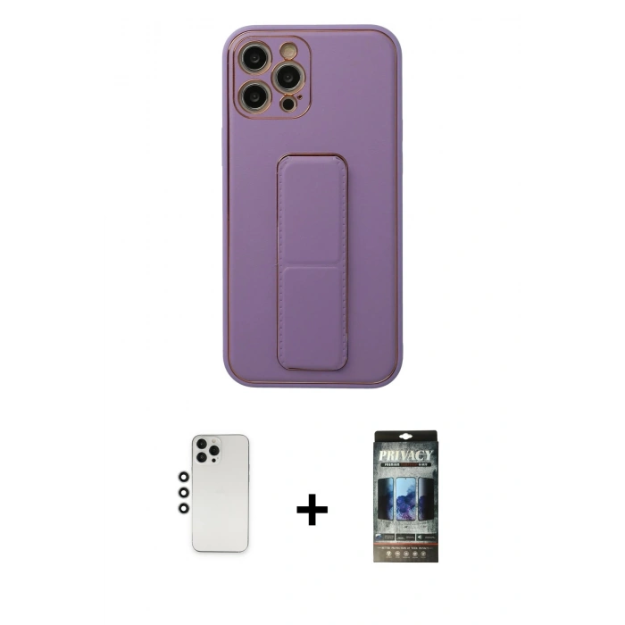 MARSİLYAN™- iPhone 12 Pro Kılıf Akış Doku - Siyah 34D Hayalet Izgaralı Cam + Shine Kamera Lens - GS