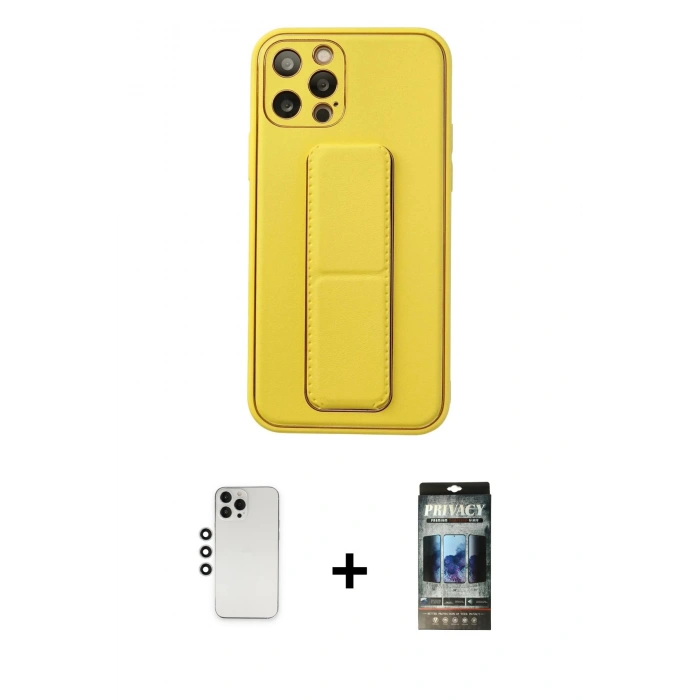 MARSİLYAN™- iPhone 12 Pro Kılıf Akış Doku - Siyah 34D Hayalet Izgaralı Cam + Shine Kamera Lens - GS