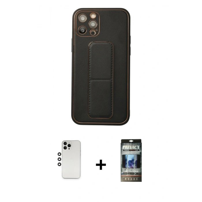 MARSİLYAN™- iPhone 12 Pro Kılıf Akış Doku - Siyah 34D Hayalet Izgaralı Cam + Shine Kamera Lens - GS