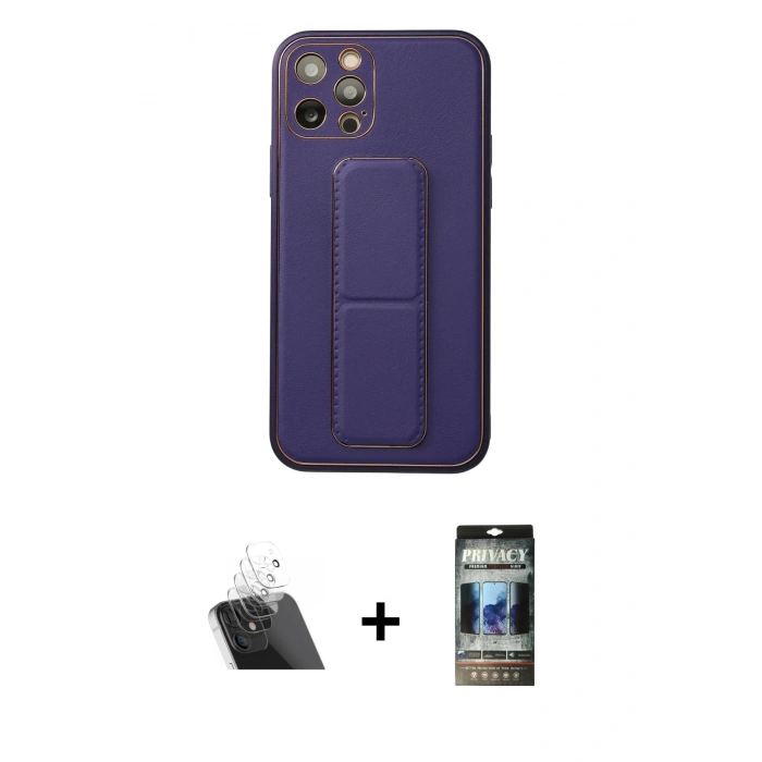 MARSİLYAN™- iPhone 12 Pro Kılıf Akış Doku - Siyah 34D Hayalet Izgaralı Cam + Kamera Lens Koruma Cam - SF