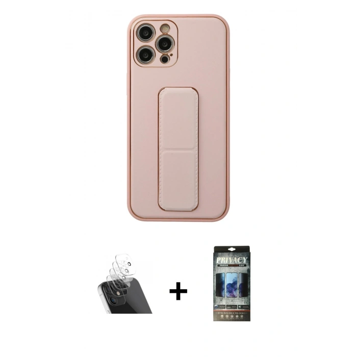MARSİLYAN™- iPhone 12 Pro Kılıf Akış Doku - Siyah 34D Hayalet Izgaralı Cam + Kamera Lens Koruma Cam - SF