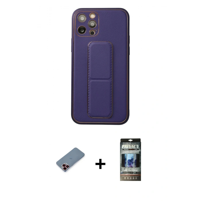 MARSİLYAN™- iPhone 12 Pro Kılıf Akış Doku - Siyah 34D Hayalet Izgaralı Cam + Metal Kamera Lens Koruma Cam - KI