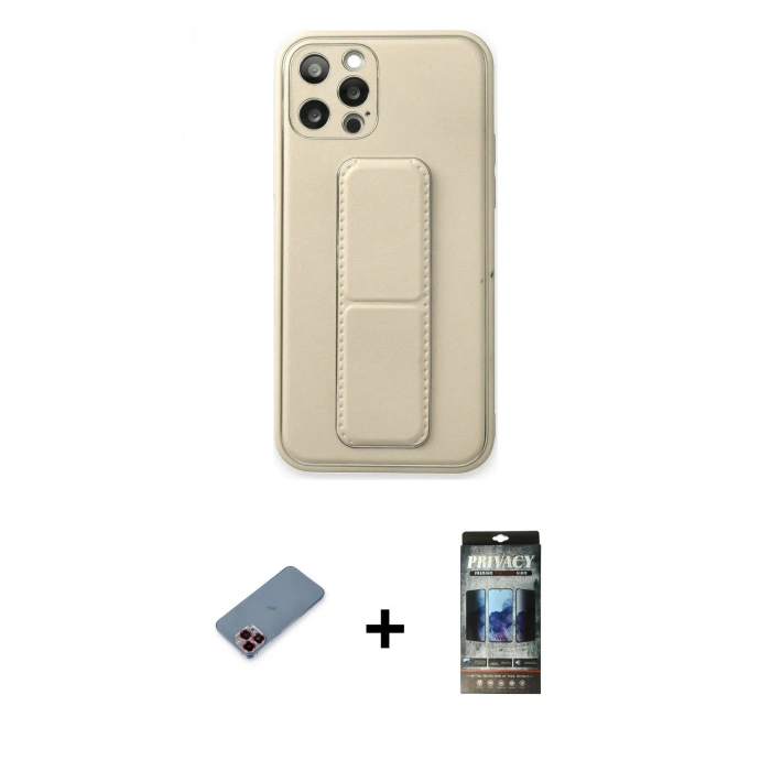MARSİLYAN™- iPhone 12 Pro Kılıf Akış Doku - Siyah 34D Hayalet Izgaralı Cam + Metal Kamera Lens Koruma Cam - KI