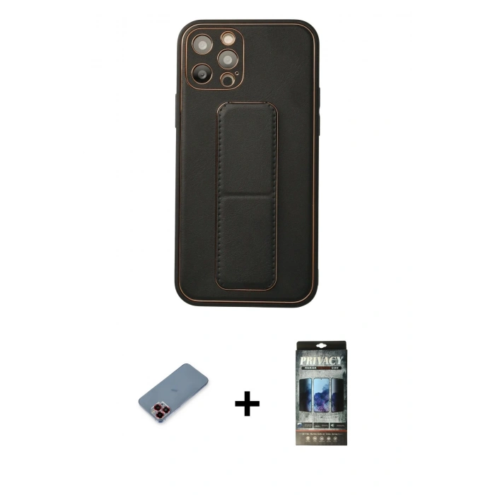 MARSİLYAN™- iPhone 12 Pro Kılıf Akış Doku - Siyah 34D Hayalet Izgaralı Cam + Metal Kamera Lens Koruma Cam - KI
