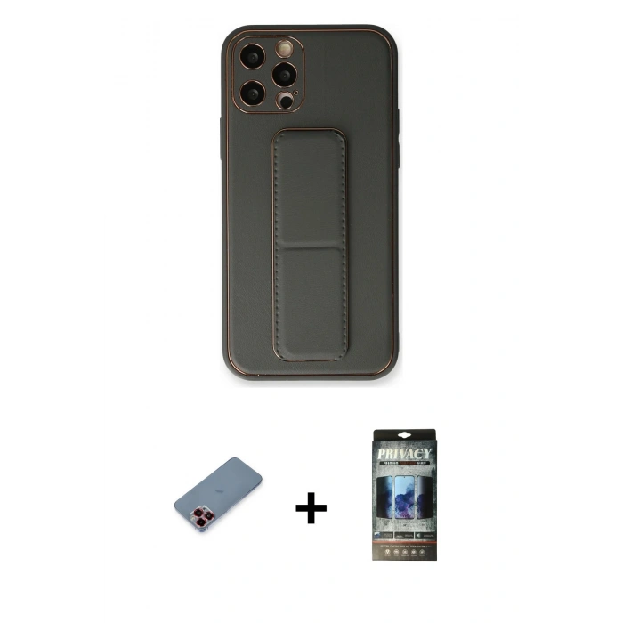 MARSİLYAN™- iPhone 12 Pro Kılıf Akış Doku - Siyah 34D Hayalet Izgaralı Cam + Metal Kamera Lens Koruma Cam - KI