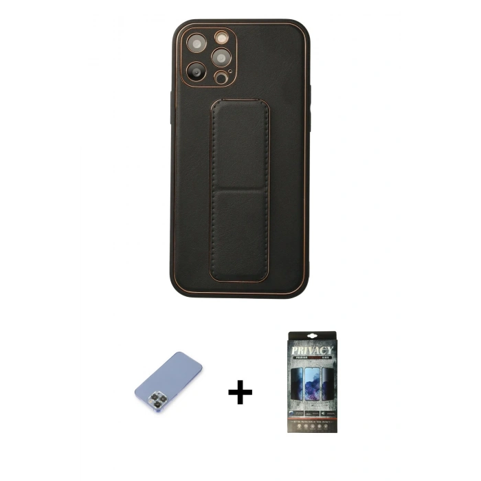 MARSİLYAN™- iPhone 12 Pro Kılıf Akış Doku - Siyah 34D Hayalet Izgaralı Cam + Metal Kamera Lens Koruma Cam - KUYL