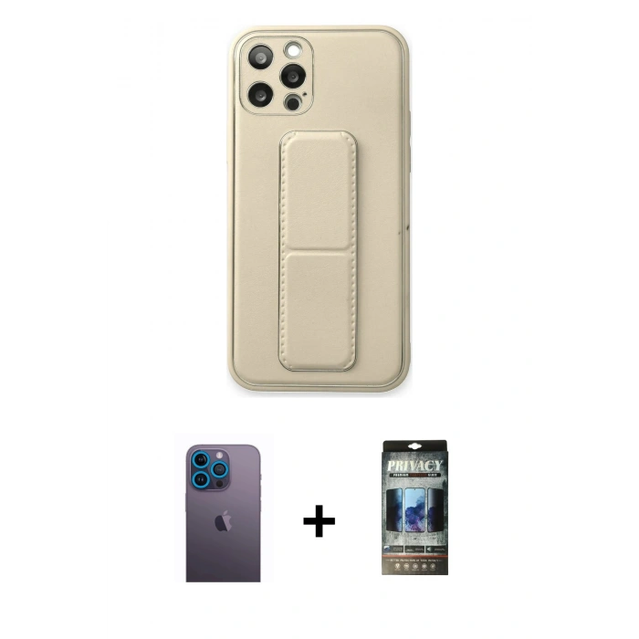 MARSİLYAN™- iPhone 12 Pro Kılıf Akış Doku - Siyah 34D Hayalet Izgaralı Cam + Mavi Neon Fosforlu Kamera Lens