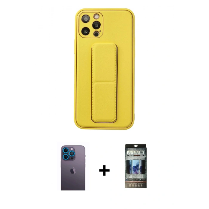 MARSİLYAN™- iPhone 12 Pro Kılıf Akış Doku - Siyah 34D Hayalet Izgaralı Cam + Mavi Neon Fosforlu Kamera Lens