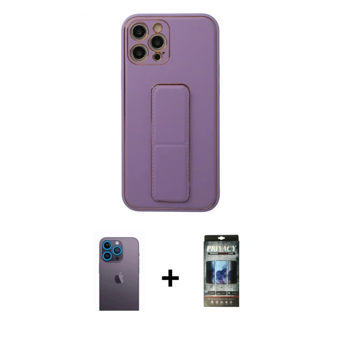 MARSİLYAN™- iPhone 12 Pro Kılıf Akış Doku - Siyah 34D Hayalet Izgaralı Cam + Mavi Neon Fosforlu Kamera Lens