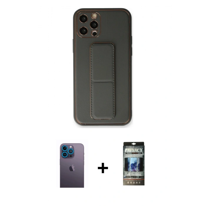 MARSİLYAN™- iPhone 12 Pro Kılıf Akış Doku - Siyah 34D Hayalet Izgaralı Cam + Mavi Neon Fosforlu Kamera Lens