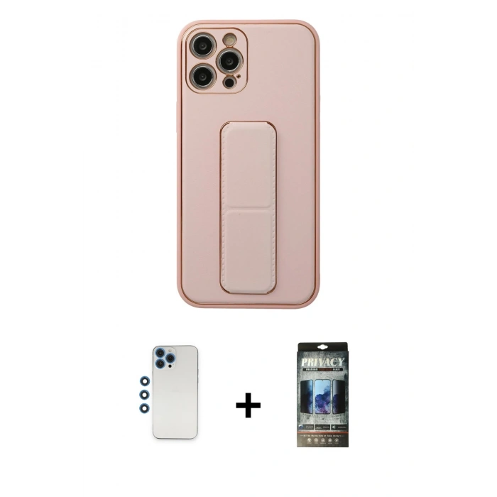 MARSİLYAN™- iPhone 12 Pro Kılıf Akış Doku - Siyah 34D Hayalet Izgaralı Cam + Shine Kamera Lens - MI