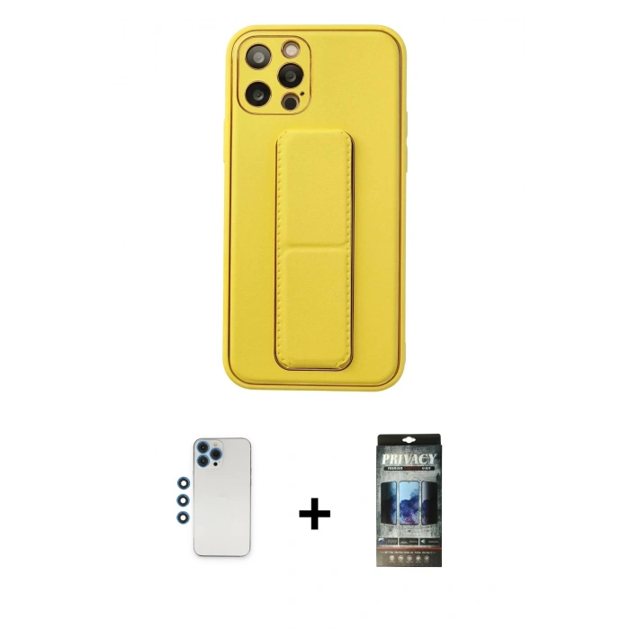MARSİLYAN™- iPhone 12 Pro Kılıf Akış Doku - Siyah 34D Hayalet Izgaralı Cam + Shine Kamera Lens - MI