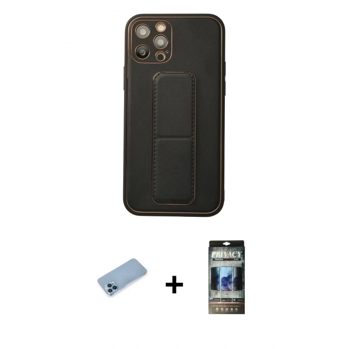 MARSİLYAN™- iPhone 12 Pro Kılıf Akış Doku - Siyah 34D Hayalet Izgaralı Cam + Shine Kamera Lens Koruma Cam - MI
