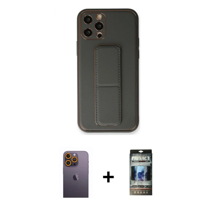 MARSİLYAN™- iPhone 12 Pro Kılıf Akış Doku - Siyah 34D Hayalet Izgaralı Cam + Neon Fosforlu Kamera Lens - SI