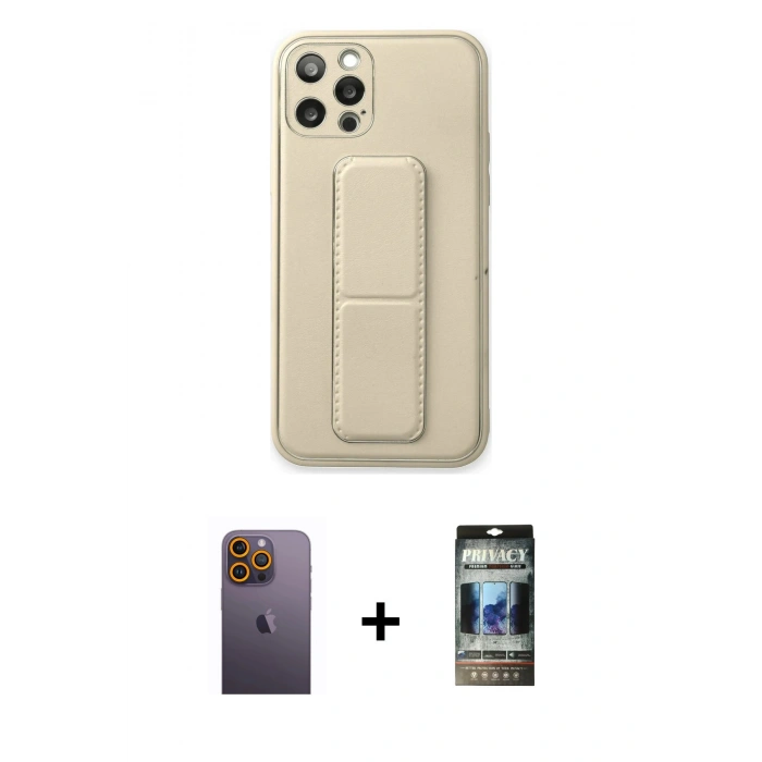 MARSİLYAN™- iPhone 12 Pro Kılıf Akış Doku - Siyah 34D Hayalet Izgaralı Cam + Neon Fosforlu Kamera Lens - SI