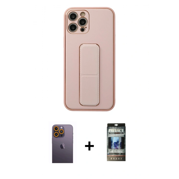MARSİLYAN™- iPhone 12 Pro Kılıf Akış Doku - Siyah 34D Hayalet Izgaralı Cam + Neon Fosforlu Kamera Lens - SI