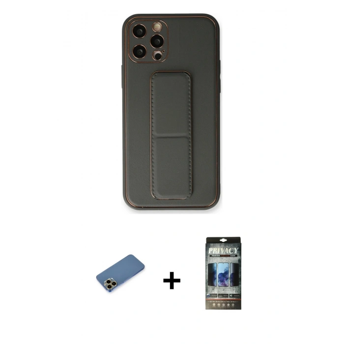 MARSİLYAN™- iPhone 12 Pro Kılıf Akış Doku - Siyah 34D Hayalet Izgaralı Cam + Shine Kamera Lens Koruma Cam - GD