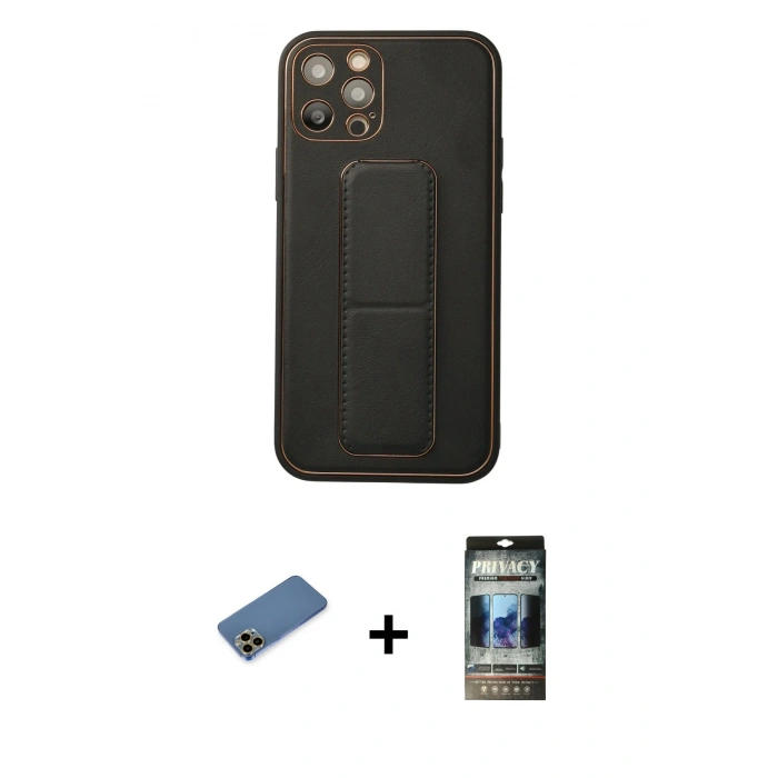 MARSİLYAN™- iPhone 12 Pro Kılıf Akış Doku - Siyah 34D Hayalet Izgaralı Cam + Shine Kamera Lens Koruma Cam - GD