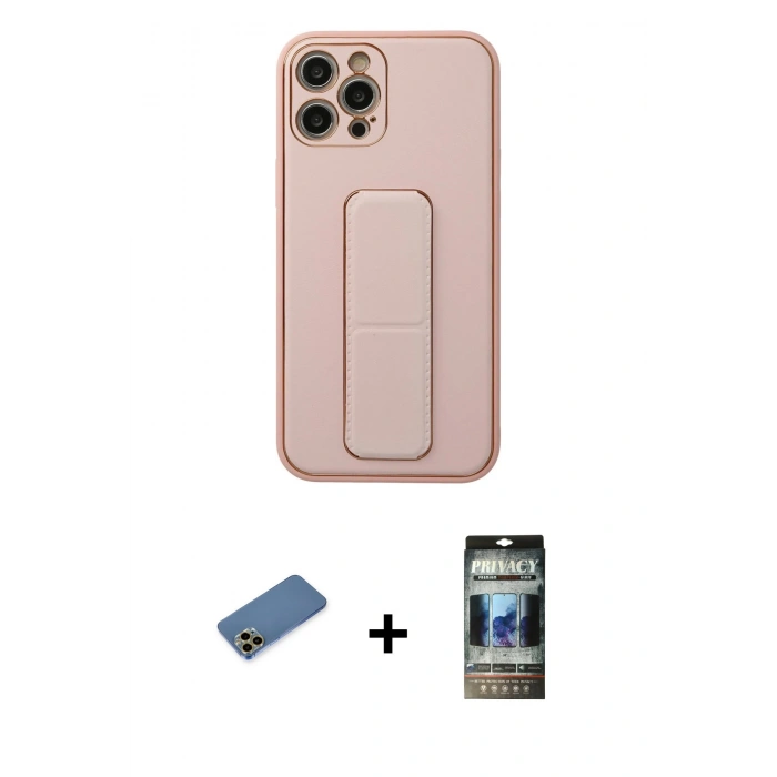 MARSİLYAN™- iPhone 12 Pro Kılıf Akış Doku - Siyah 34D Hayalet Izgaralı Cam + Shine Kamera Lens Koruma Cam - GD