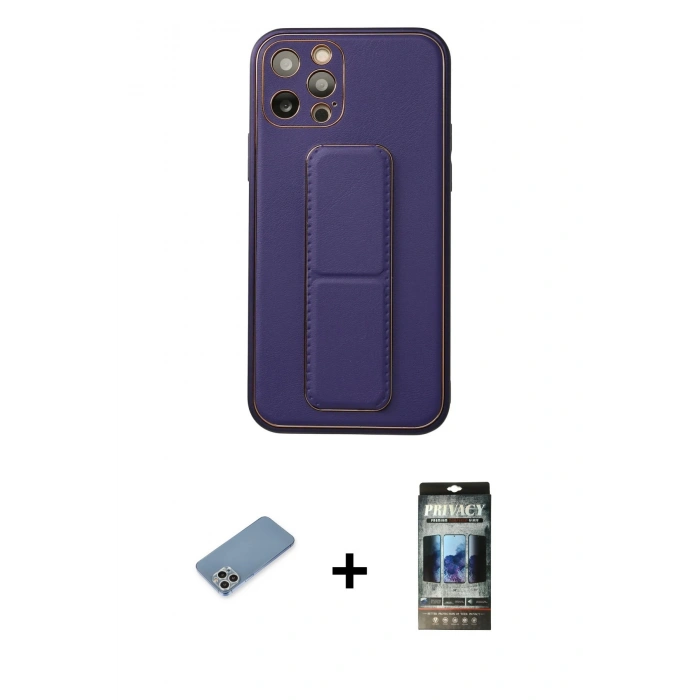 MARSİLYAN™- iPhone 12 Pro Kılıf Akış Doku - Siyah 34D Hayalet Izgaralı Cam + Shine Kamera Lens Koruma Cam - GS